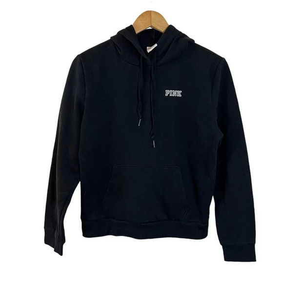 Vicorias Secret PINK Black Hooded Pullover Sweatshirt Front Logo Drawstrings Top - Picture 1 of 4